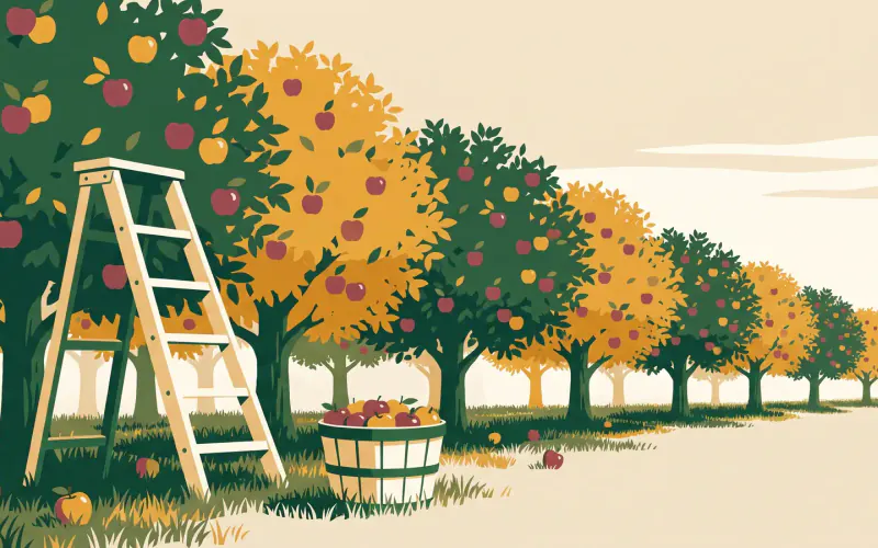 An apple orchard at harvest — rows of trees heavy with red and golden apples, a picking ladder, and a bushel basket of apples in the grass