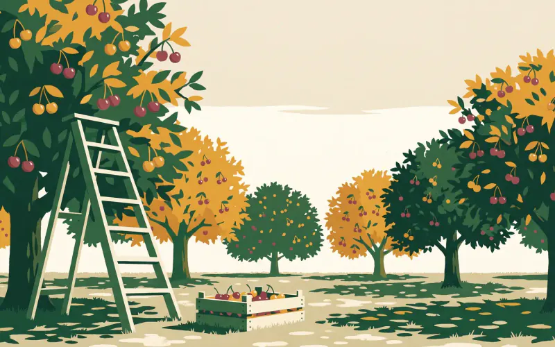 A cherry orchard with a tall orchard ladder leaning into a tree and a wooden crate of picked cherries below