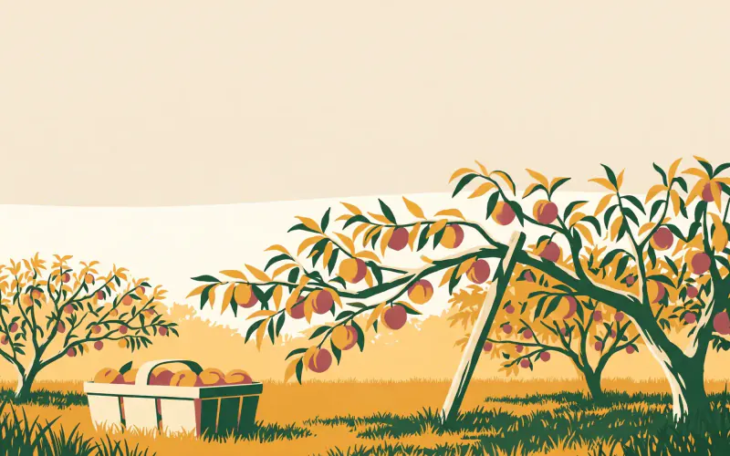 A peach orchard at golden hour — branches heavy with blushing peaches, one propped with a stake, and a basket of picked peaches