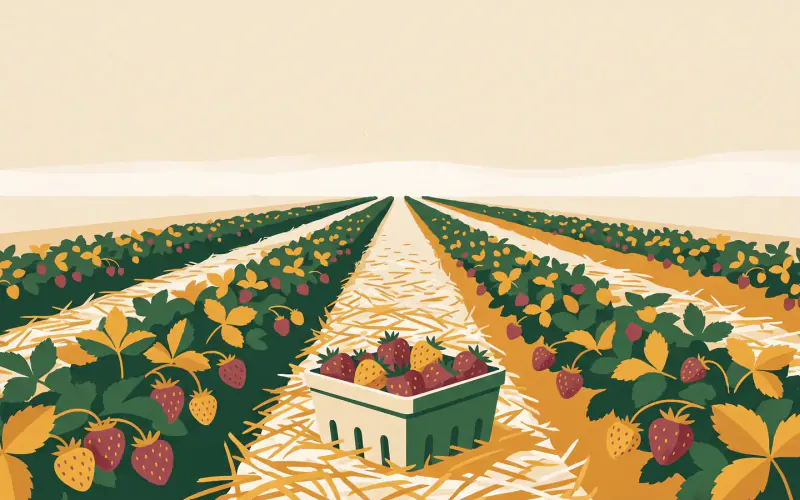 Rows of strawberry plants with ripe berries and straw mulch between the rows, a quart basket of picked strawberries in the path