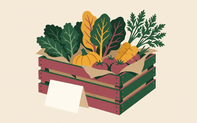 An open wooden farm-share box overflowing with seasonal vegetables