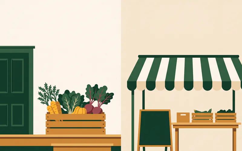 A split scene: a wooden farm-share crate of vegetables on a farmhouse porch step beside a striped market-stall awning over crates of produce