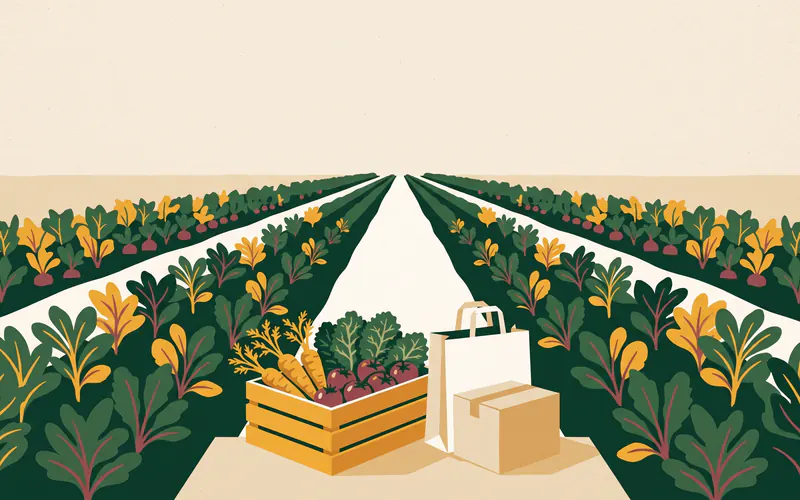 A doorstep with a wooden farm-share crate of carrots, greens and tomatoes next to a plain paper grocery bag and an unmarked delivery box