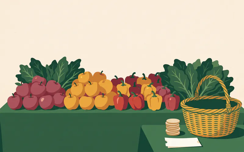 A market table piled with apples, peppers and greens, with a stack of round wooden market tokens and a paper voucher beside a woven basket