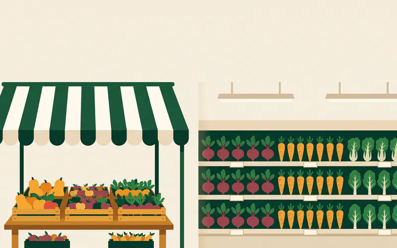 A split scene: an open-air market stall heaped with produce crates under a striped awning beside a tidy supermarket shelf of identical vegetables