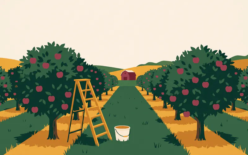 A pick-your-own apple orchard: rows of trees heavy with red apples leading to a red barn, with an orchard ladder and an empty picking bucket in front