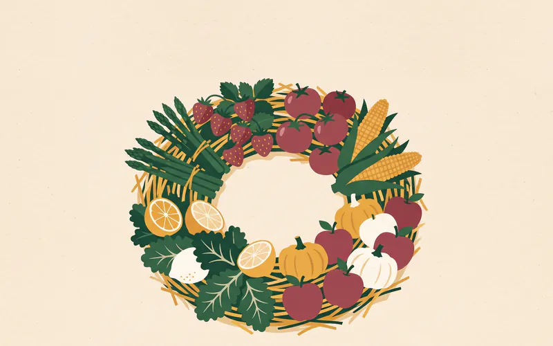 A wreath of seasonal produce on a table — asparagus and strawberries, tomatoes and corn, apples and squash, citrus and kale — one season to each quarter