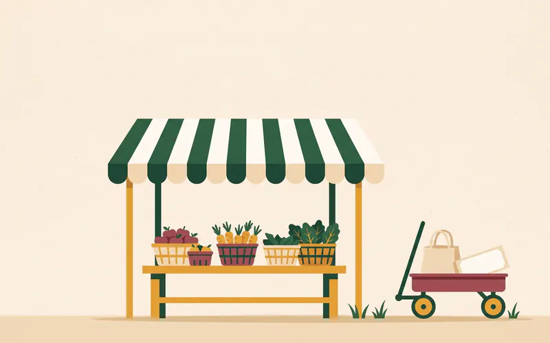 A market stall of fruit and vegetable baskets under a striped awning, with a child's red wagon holding a cloth bag of produce and a paper voucher