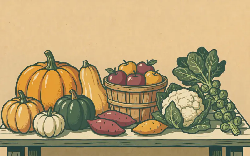 Autumn harvest — pumpkins, winter squash, apples, sweet potatoes, cauliflower, and Brussels sprouts