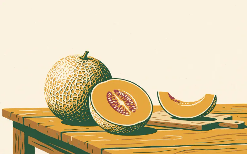 A whole netted cantaloupe with a halved melon showing orange flesh and the seed cavity, and a crescent slice on a board