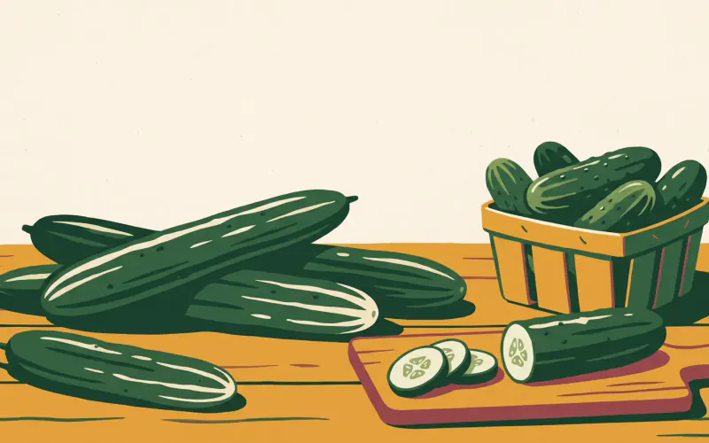 Slicing cucumbers spread on a market table with a basket of pickling cucumbers and cut rounds on a board