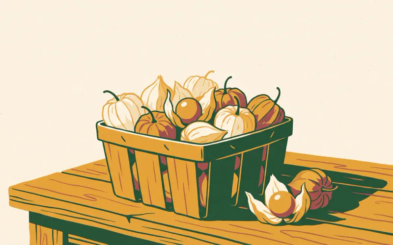 A pint basket of ground cherries in papery lantern husks, with one husk peeled open to show the golden berry