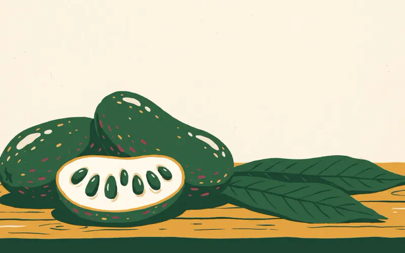 A cluster of green flecked pawpaw fruits with one halved showing pale custard-like pulp and a row of large dark seeds