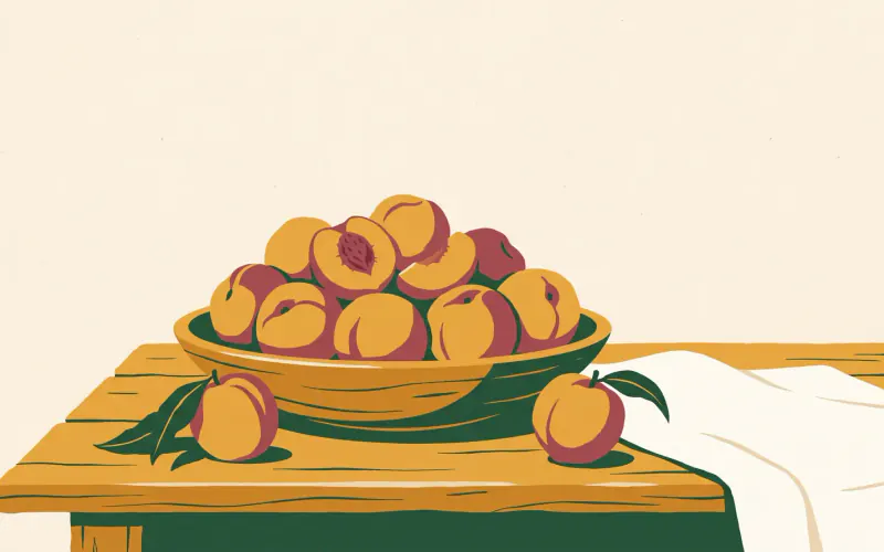 A wooden bowl piled with ripe peaches, one halved to show the pit, with loose peaches and a kitchen cloth