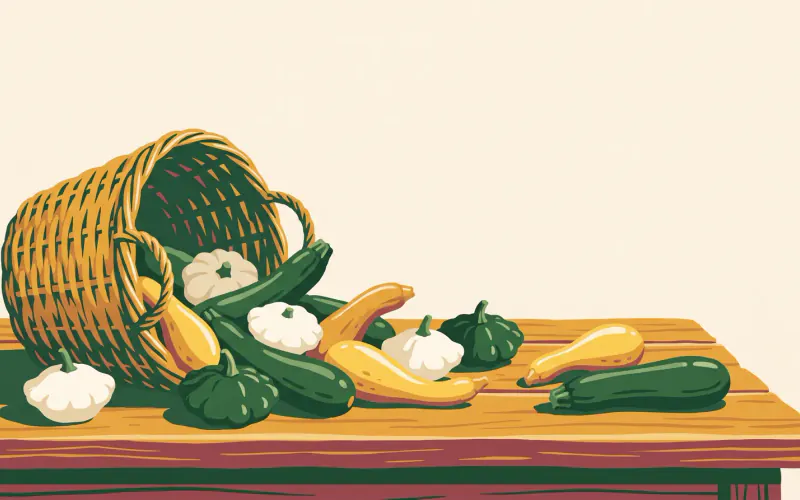 A tipped basket spilling zucchini, yellow crookneck, and pattypan squash across a market table