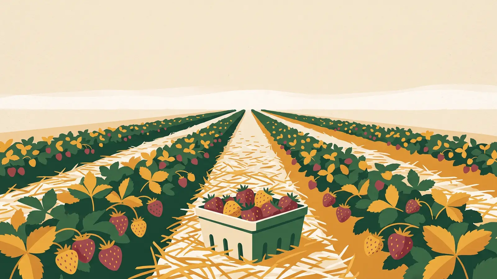 Illustration: rows of strawberry plants with ripe berries and straw mulch between the rows, a quart basket of picked strawberries in the path