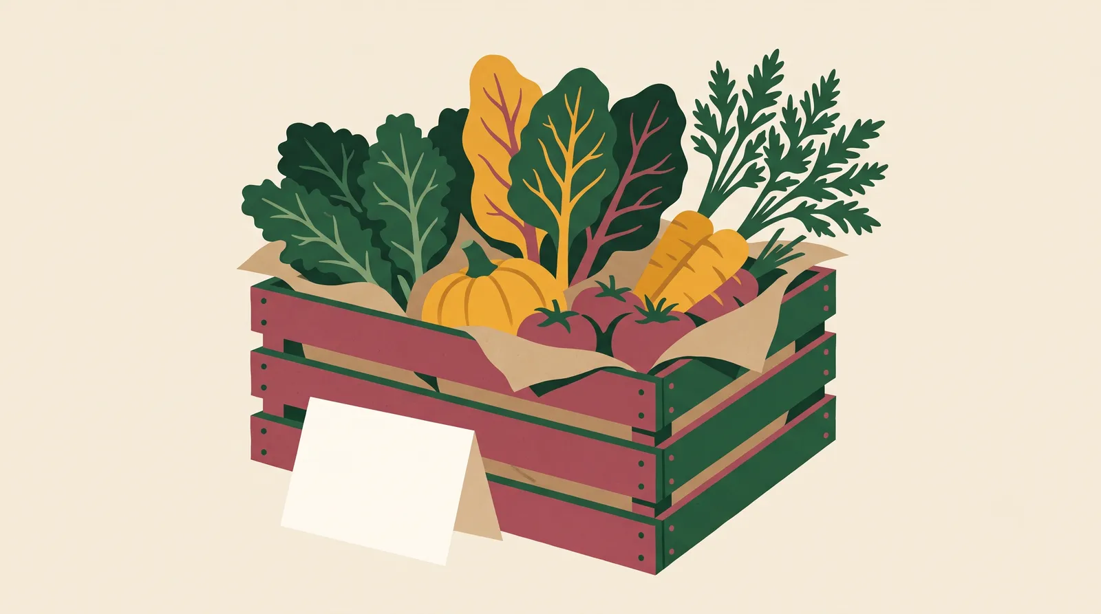 Illustration: an open wooden CSA farm-share box overflowing with seasonal vegetables