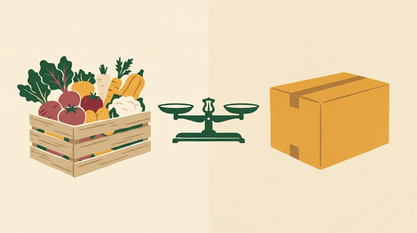 Illustration: a CSA farm-share box weighed side by side against a basket of hand-picked market produce