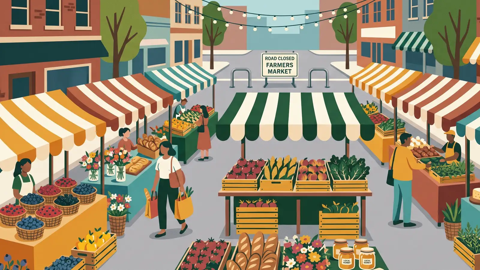 Illustration: first-time shoppers browsing fresh produce stalls under striped awnings at a farmers market