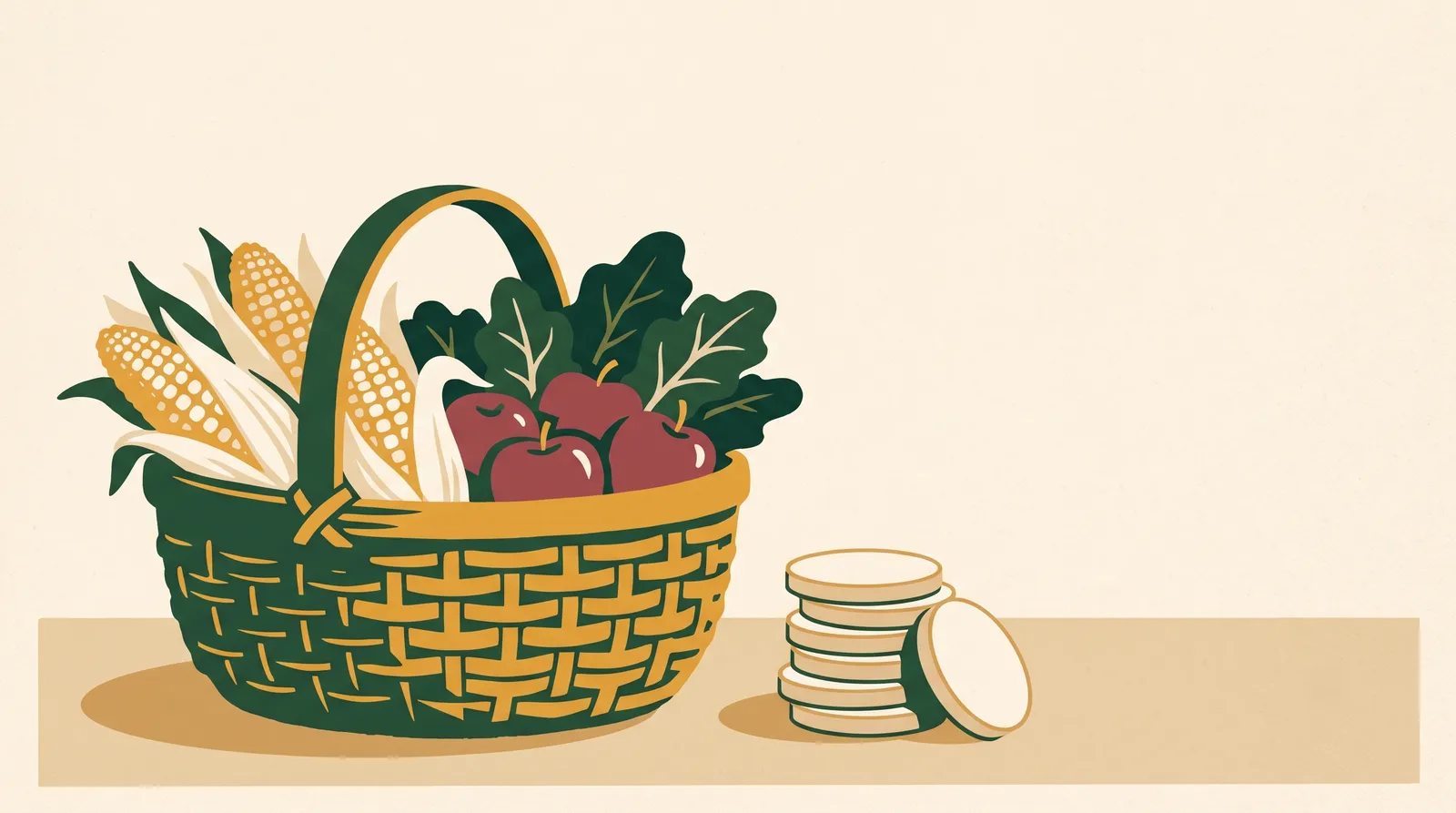 Illustration: fresh fruits and vegetables beside an EBT benefits card at a farmers market stall