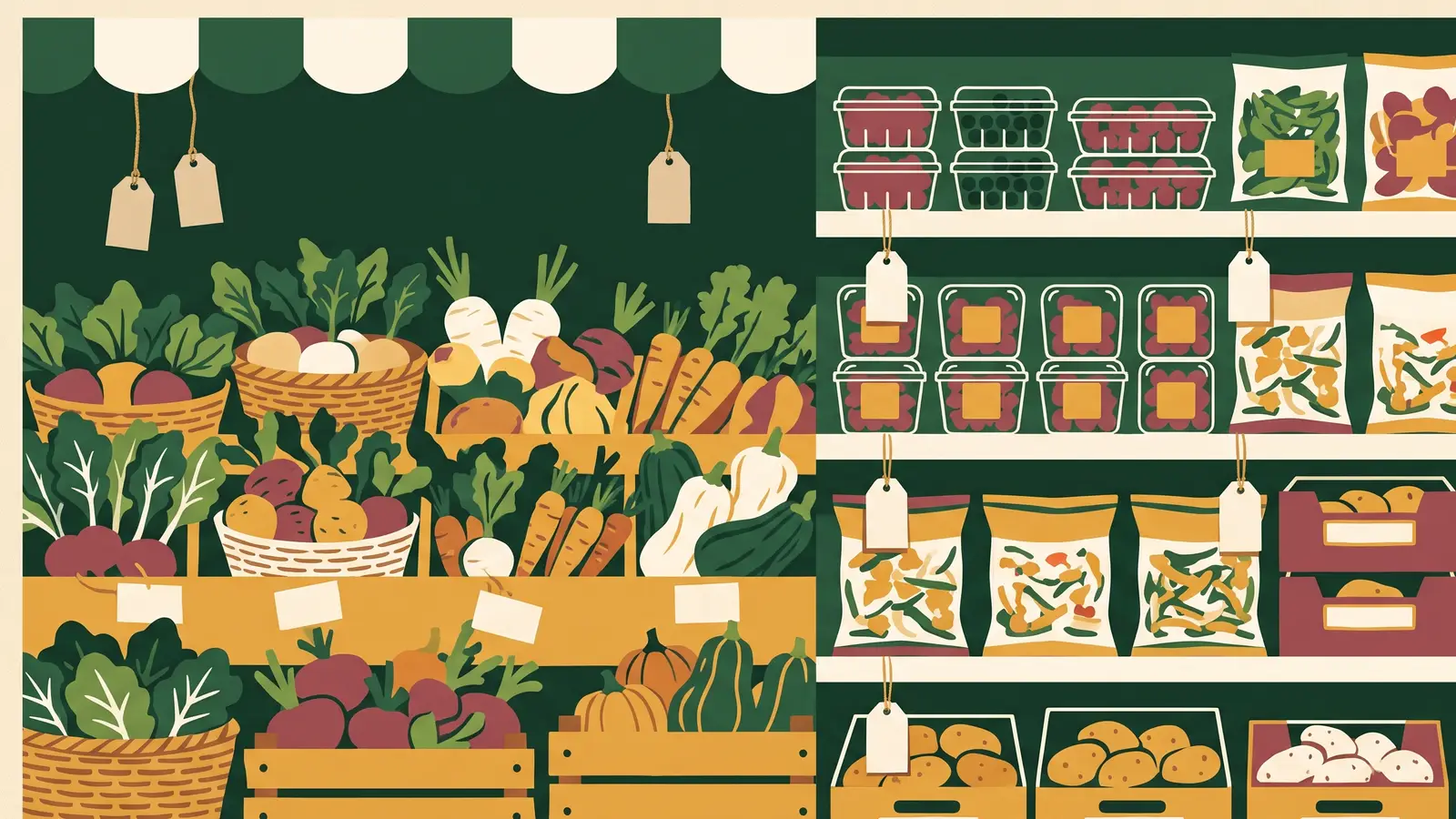 Illustration: a farmers market produce stand and a grocery store aisle compared side by side