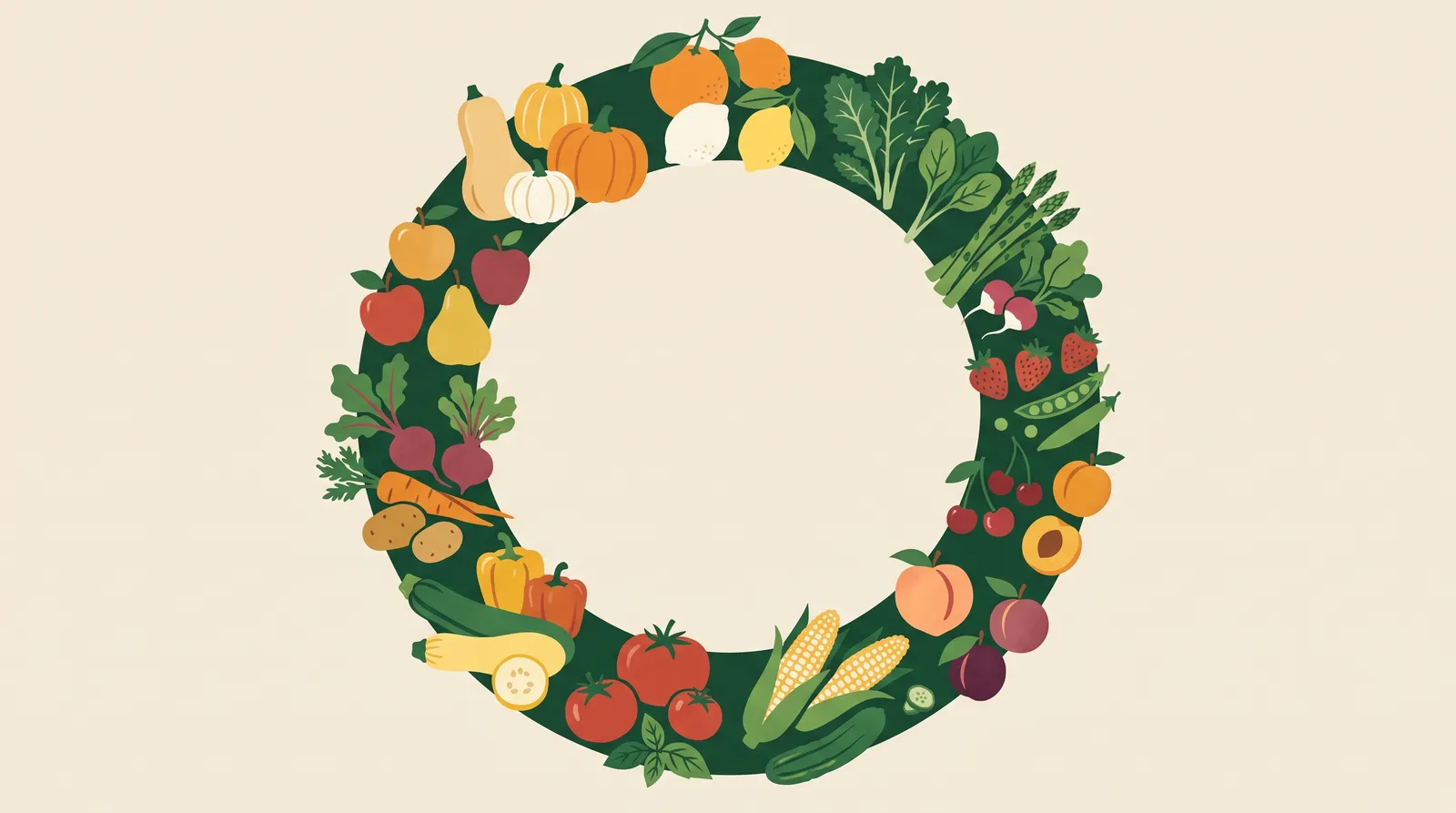 Illustration: a produce calendar wheel of fruits and vegetables turning through the four seasons