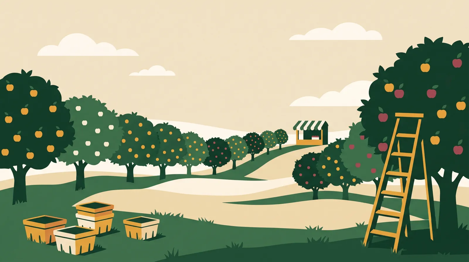 Illustration: a family filling baskets with fruit in an orchard at a pick-your-own farm