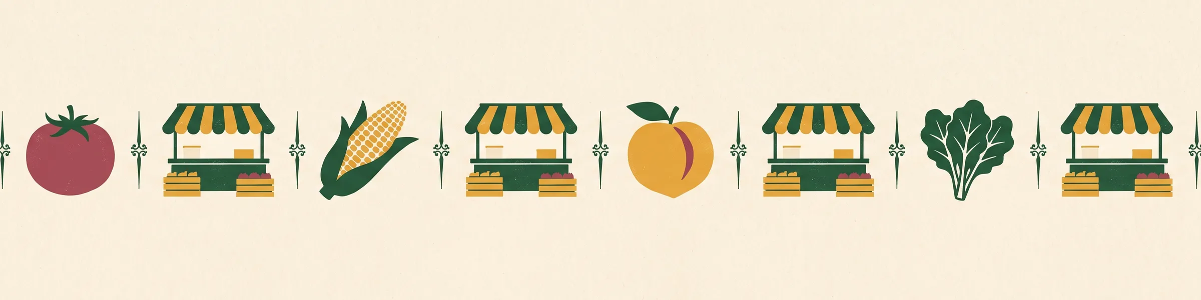 Illustration: a wide frieze of farmers market stalls, produce baskets, and farm scenes