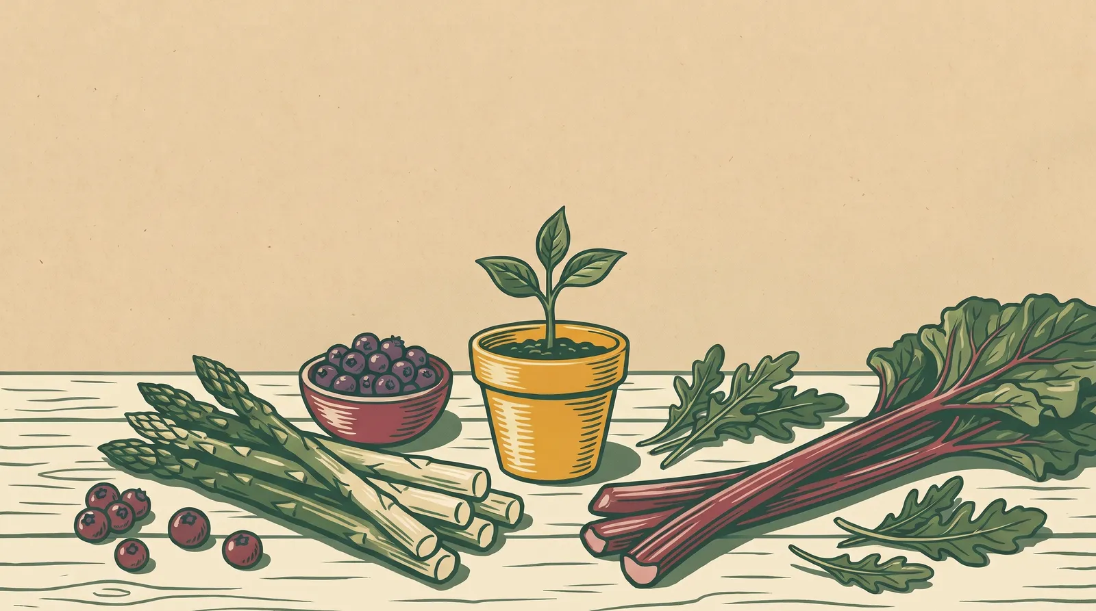 Illustration: spring produce — asparagus, rhubarb, a bowl of blueberries, arugula, and a young seedling in a pot