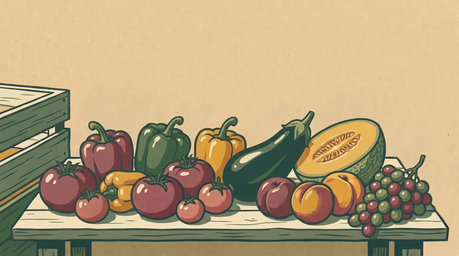 Illustration: high-summer produce — bell peppers, eggplant, cantaloupe, tomatoes, stone fruit, and grapes