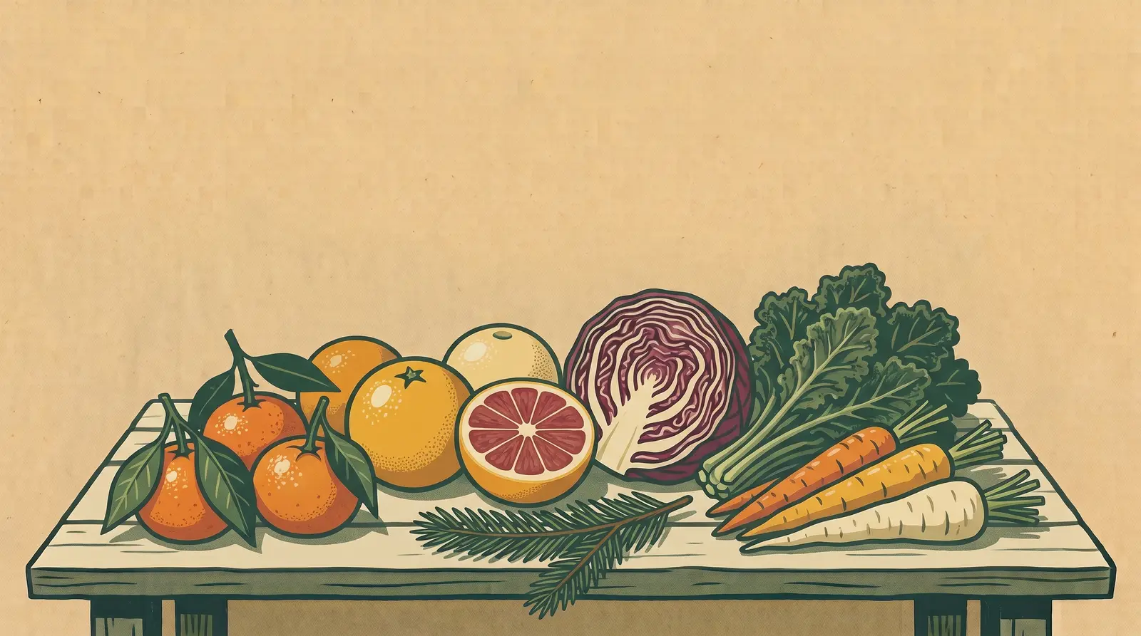 Illustration: winter produce — clementines, oranges, a halved grapefruit, red cabbage, kale, and root vegetables