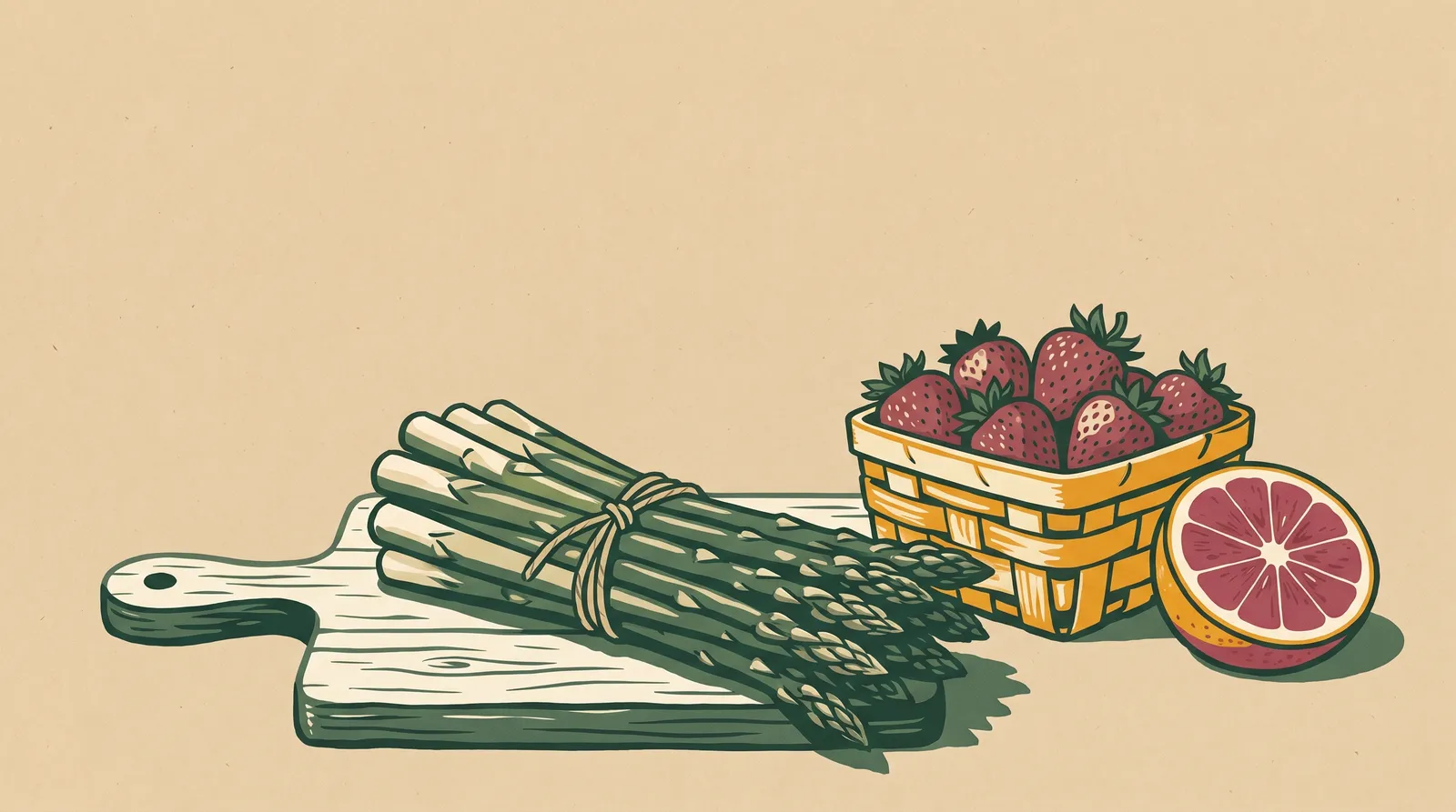 Illustration: a bundle of early asparagus on a cutting board with a basket of strawberries and a halved grapefruit