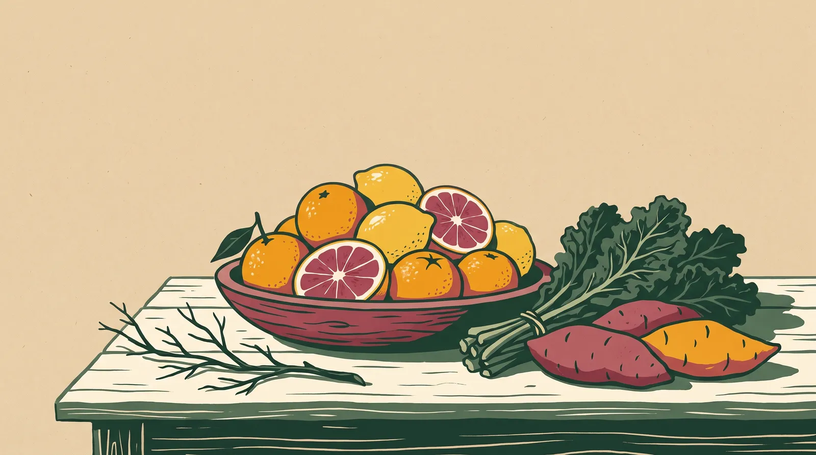 Illustration: winter citrus — oranges, grapefruit, and lemons in a bowl with kale and sweet potatoes