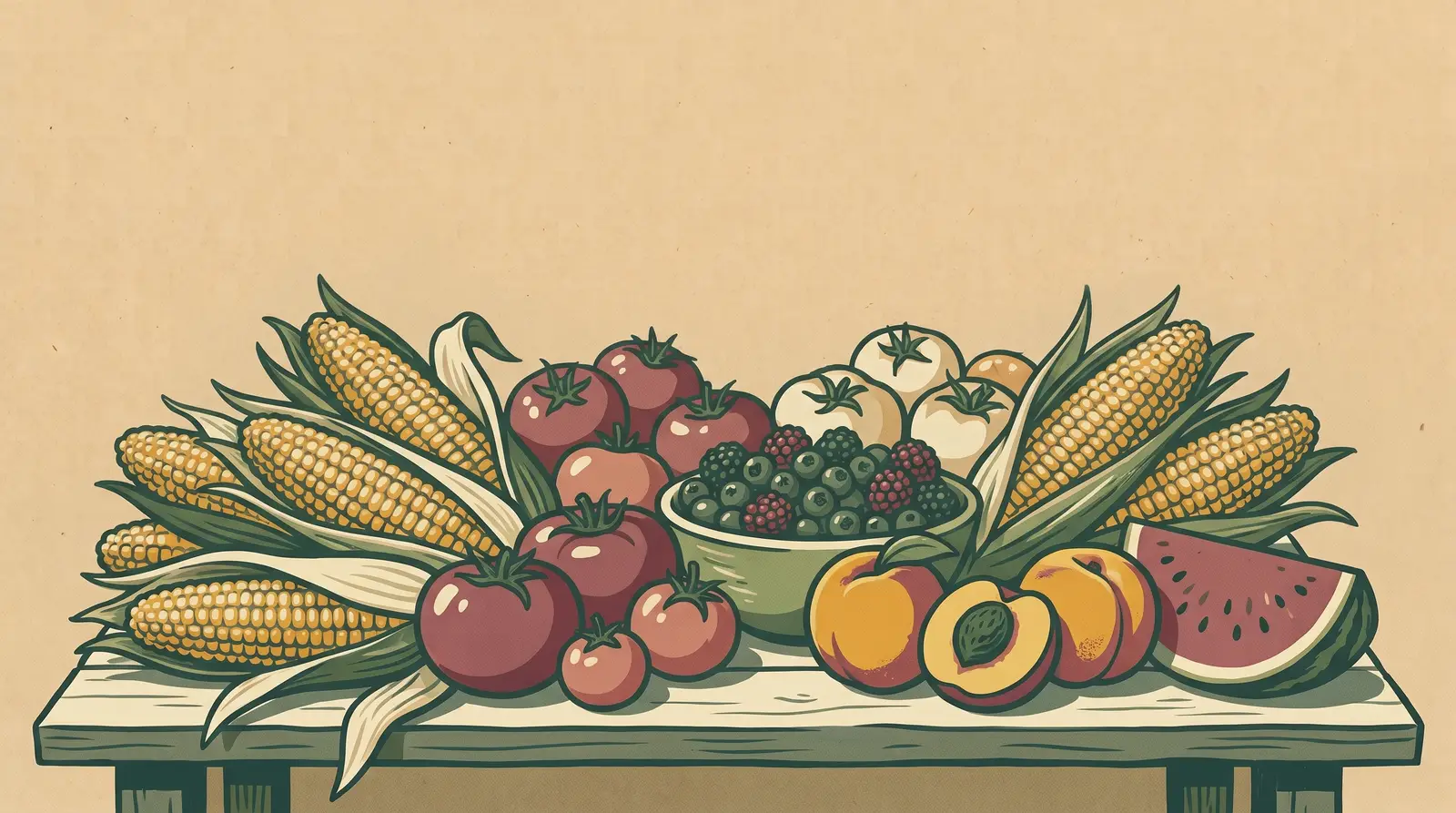Illustration: peak-summer harvest — sweet corn, tomatoes, mixed berries, peaches, and a watermelon wedge
