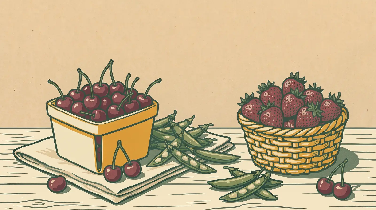 Illustration: early-summer fruit — sweet cherries and strawberries with fresh pea pods