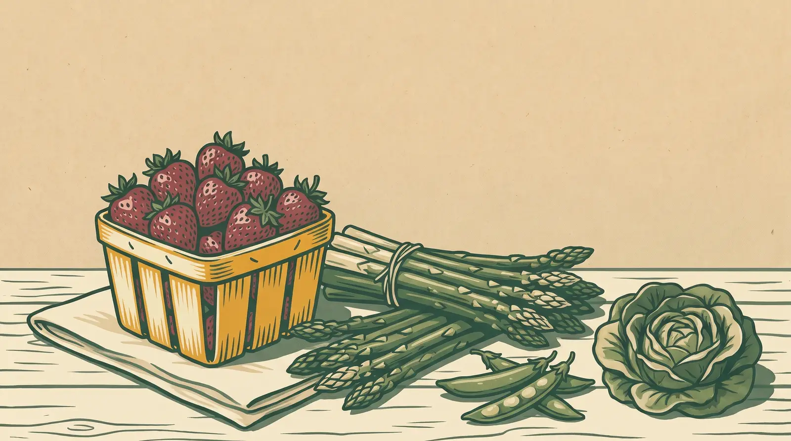 Illustration: a basket of strawberries with bundled asparagus, sugar snap peas, and butter lettuce