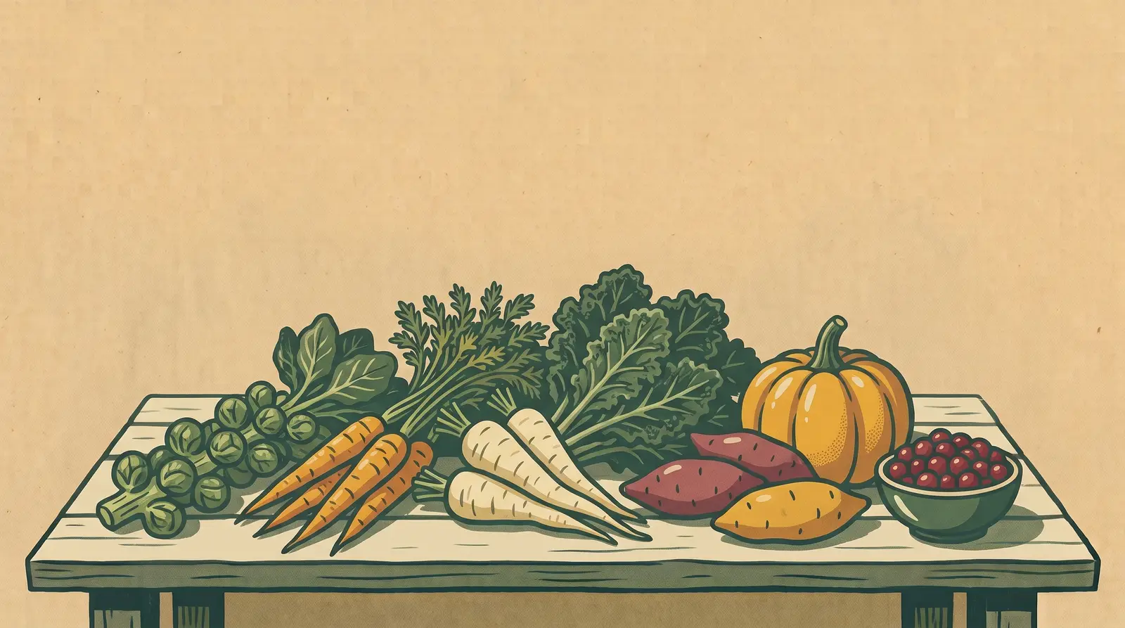 Illustration: a Thanksgiving harvest table — Brussels sprouts, carrots, parsnips, kale, sweet potatoes, winter squash, and cranberries