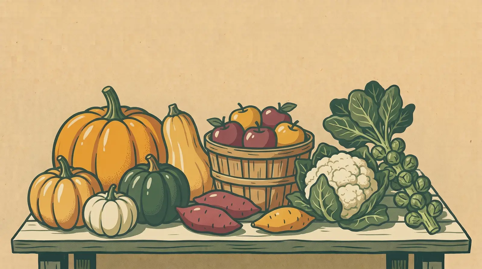 Illustration: autumn harvest — pumpkins, winter squash, apples, sweet potatoes, cauliflower, and Brussels sprouts