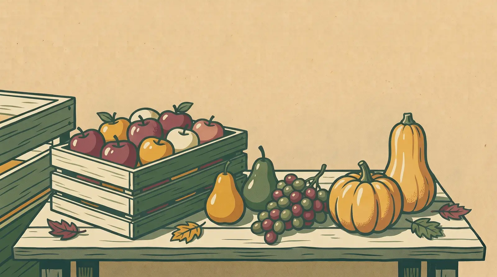 Illustration: early-fall harvest — a crate of apples with pears, grapes, and the first pumpkin and winter squash