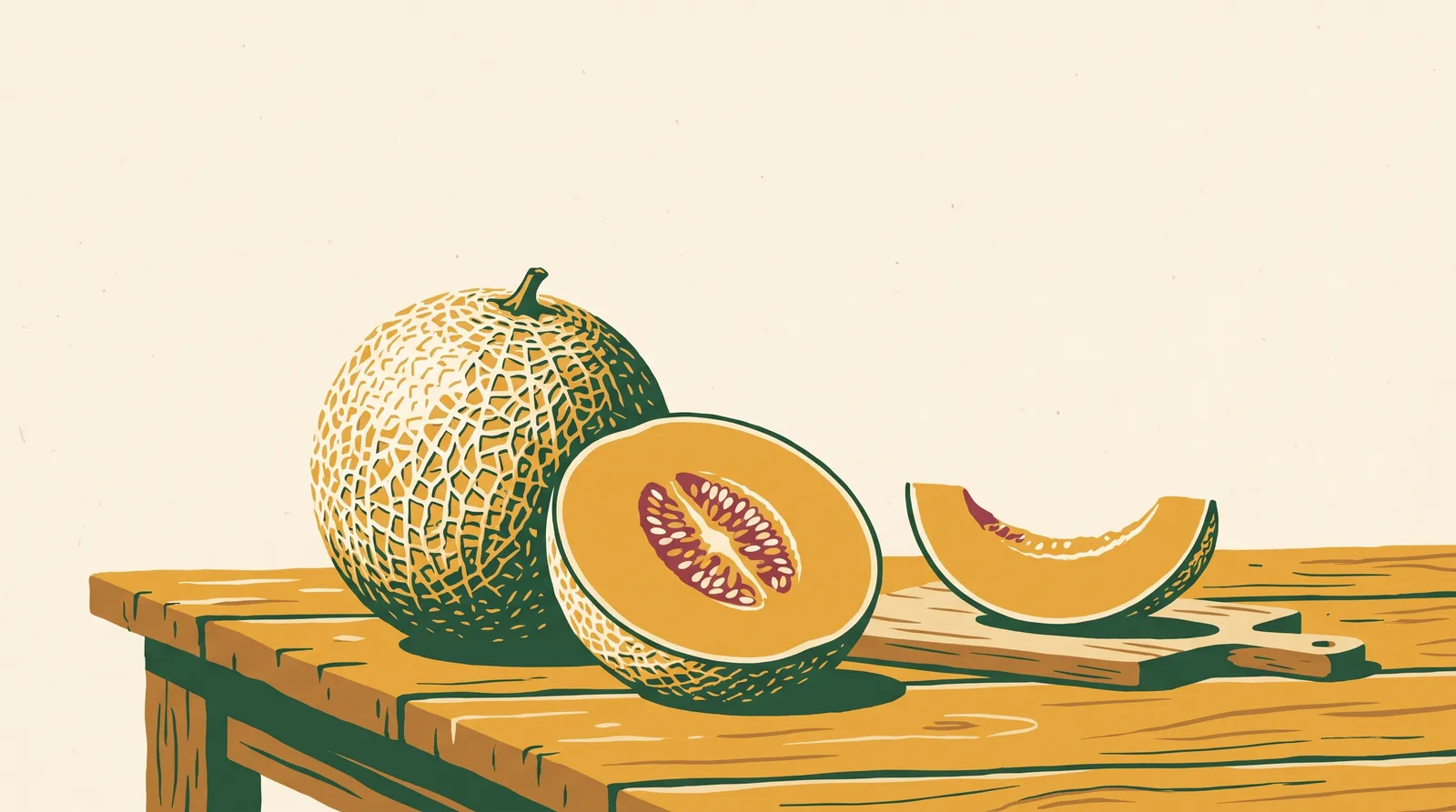 Illustration: a whole netted cantaloupe with a halved melon showing orange flesh and the seed cavity, and a crescent slice on a board