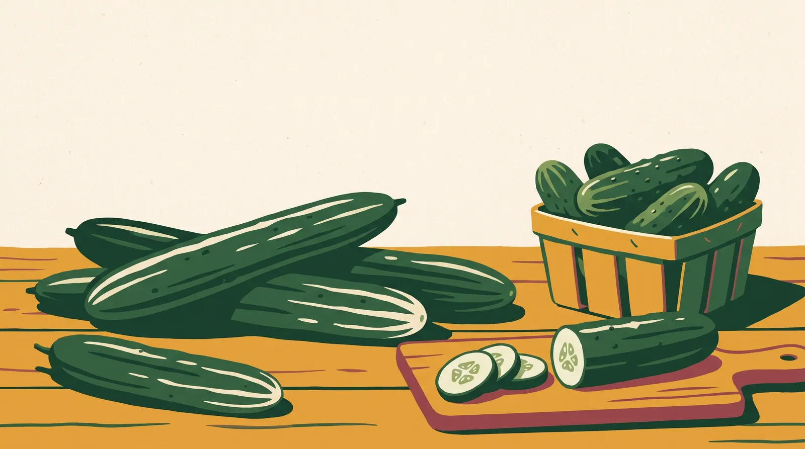 Illustration: slicing cucumbers spread on a market table with a basket of pickling cucumbers and cut rounds on a board