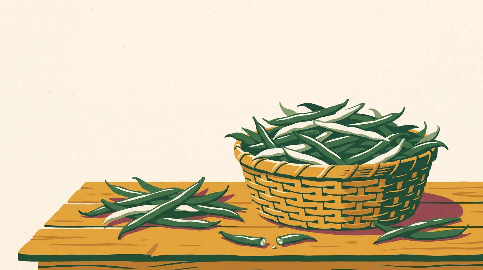 Illustration: a woven basket heaped with fresh green snap beans, a loose handful beside it and a few beans snapped in half