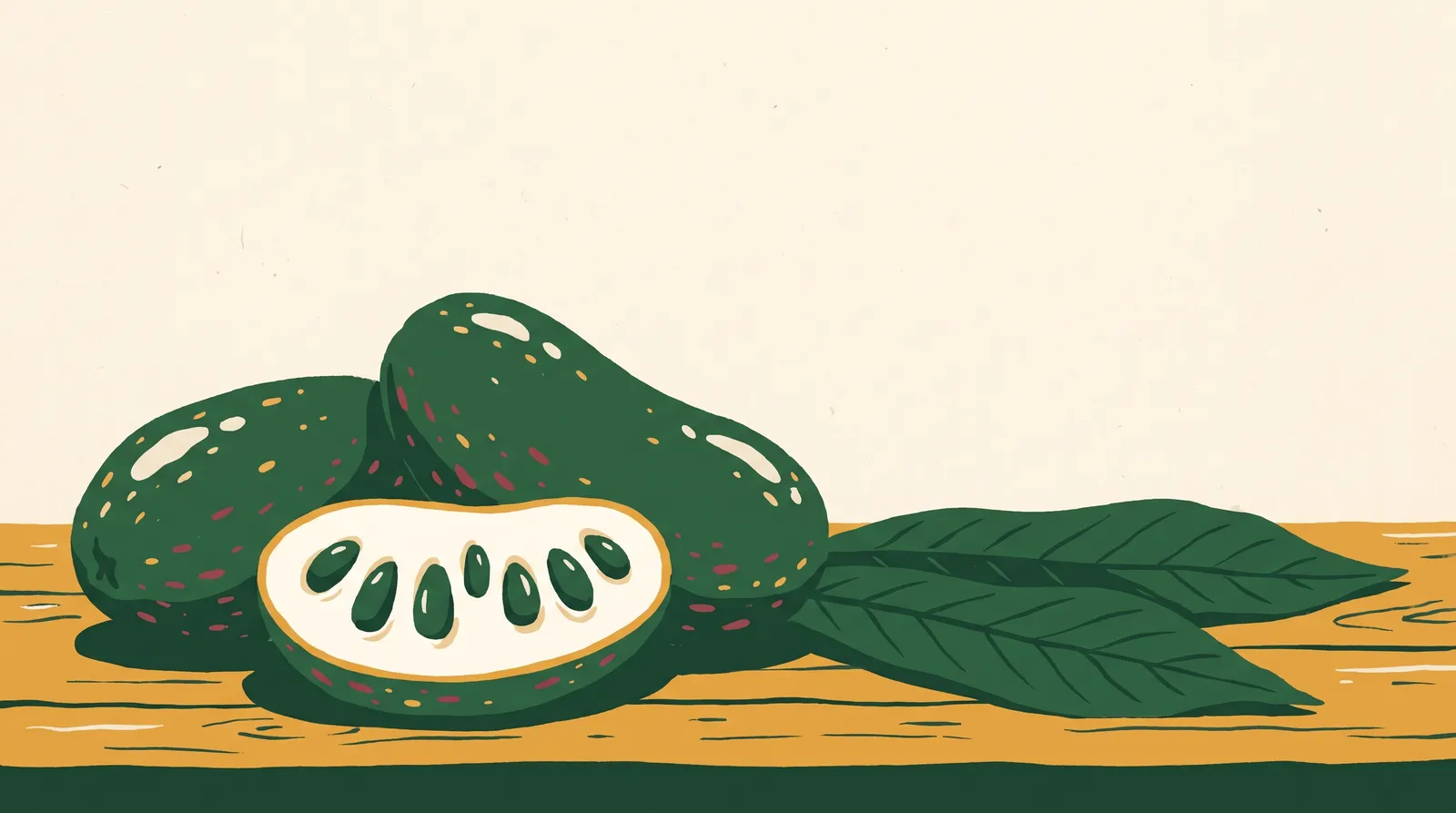 Illustration: a cluster of green flecked pawpaw fruits with one halved showing pale custard-like pulp and a row of large dark seeds