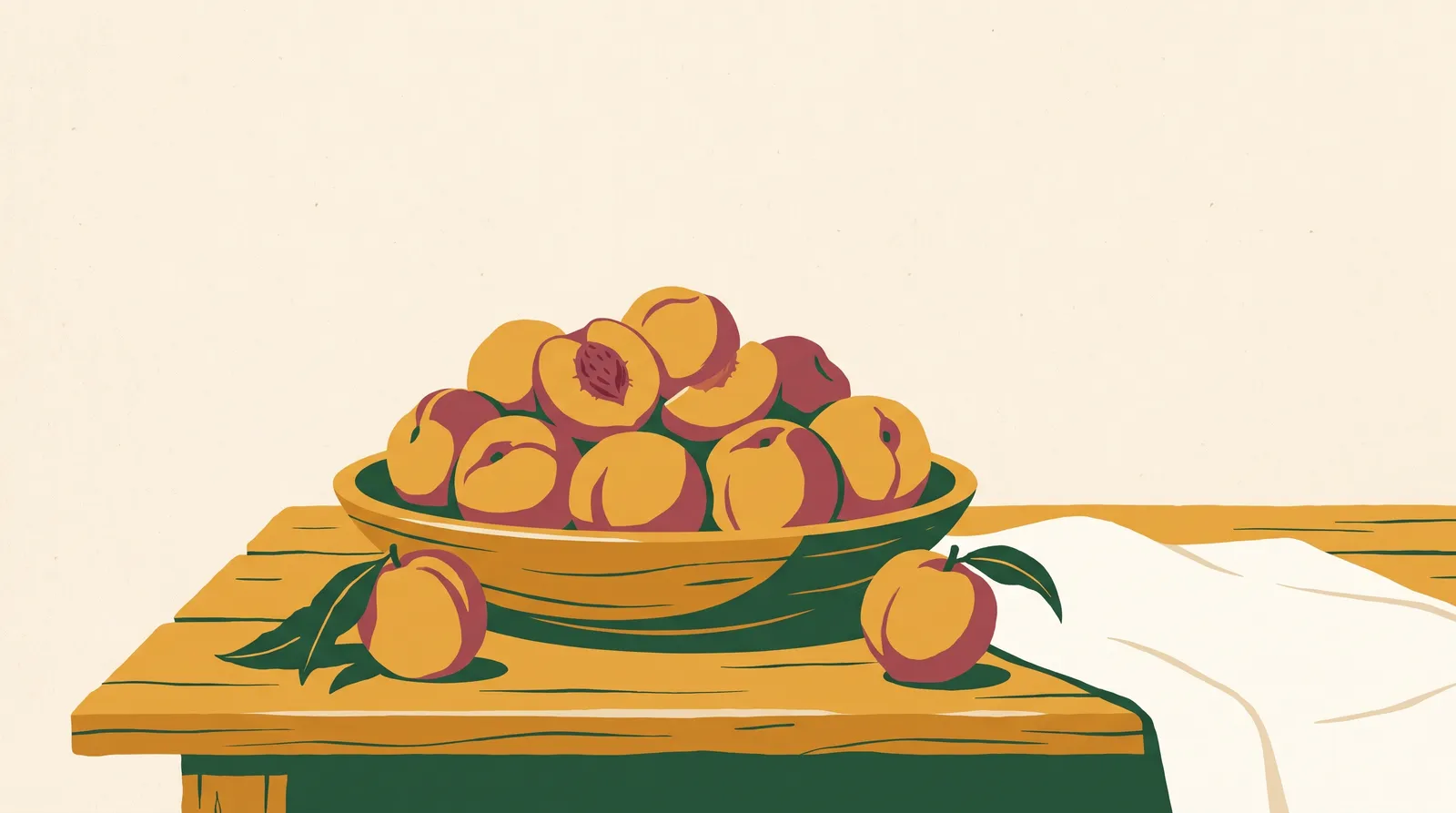 Illustration: a wooden bowl piled with ripe peaches, one halved to show the pit, with loose peaches and a kitchen cloth