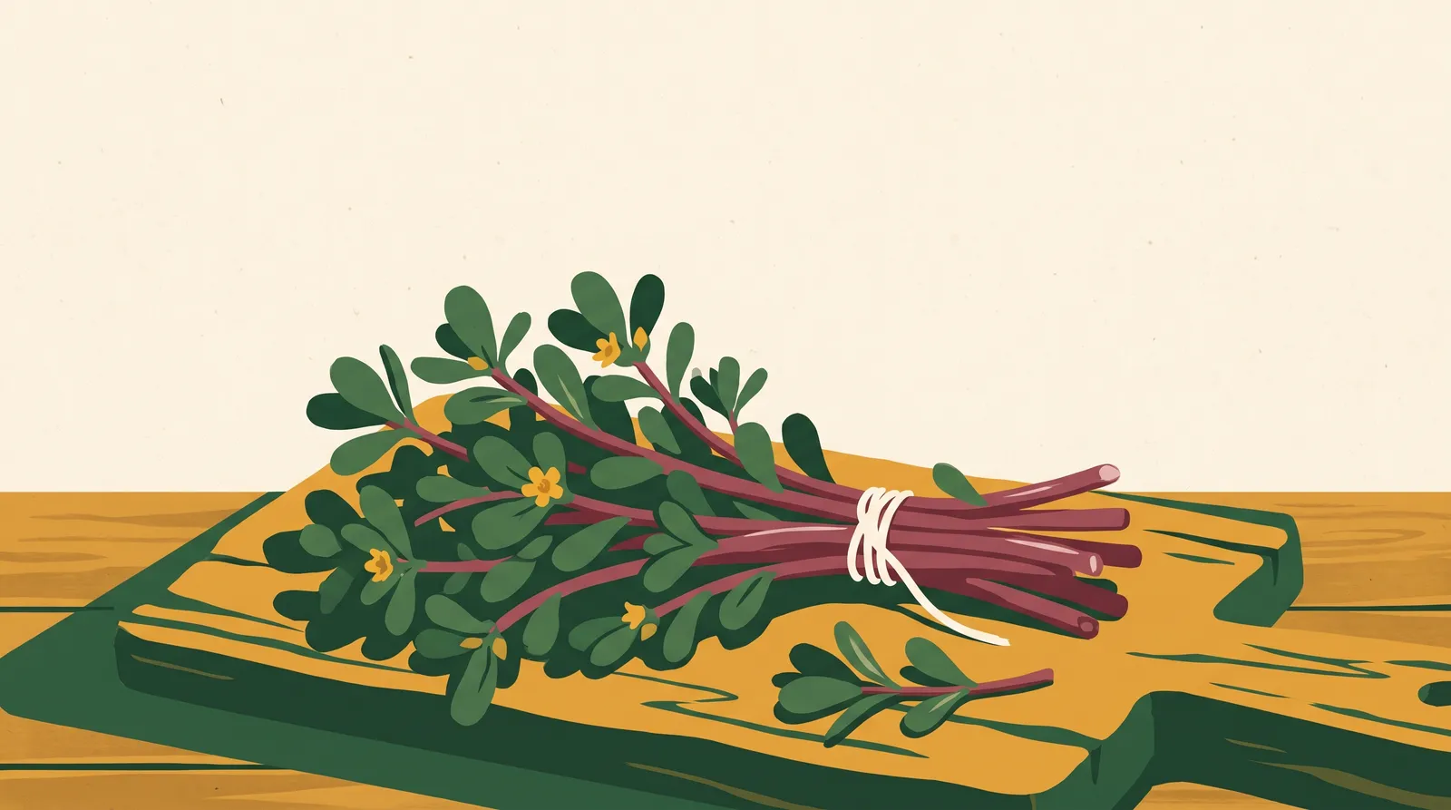 Illustration: a fresh-cut bunch of purslane tied with twine — smooth reddish stems, small paddle-shaped leaves, and tiny yellow flowers