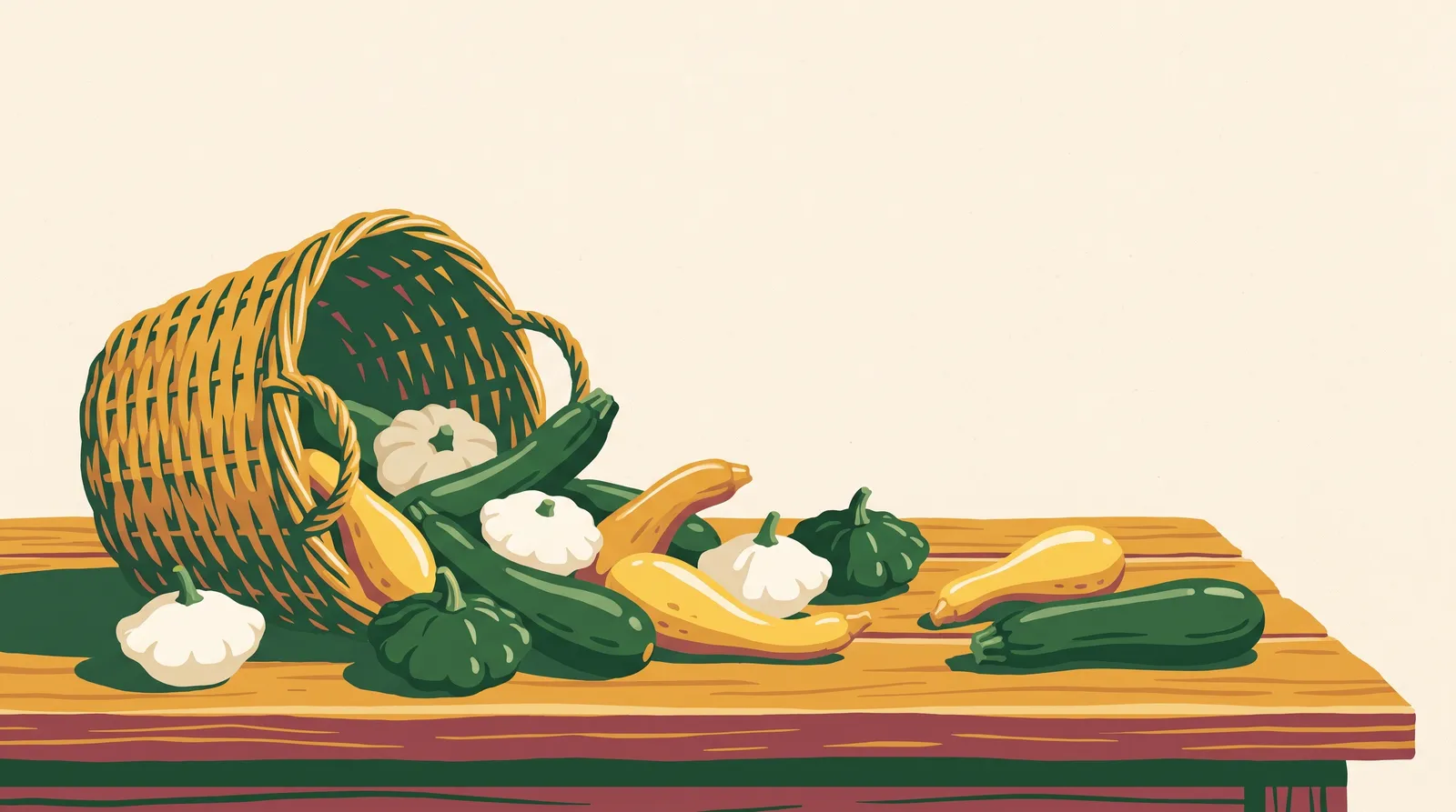 Illustration: a tipped basket spilling zucchini, yellow crookneck, and pattypan squash across a market table
