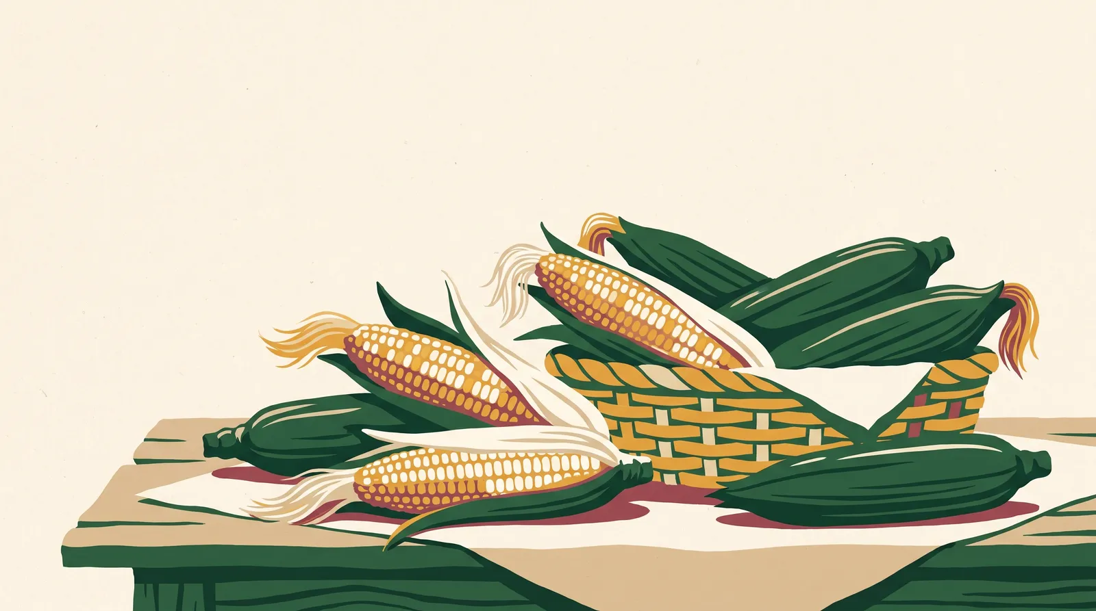 Illustration: ears of sweet corn with husks pulled halfway back showing kernels and silk, piled beside a woven basket