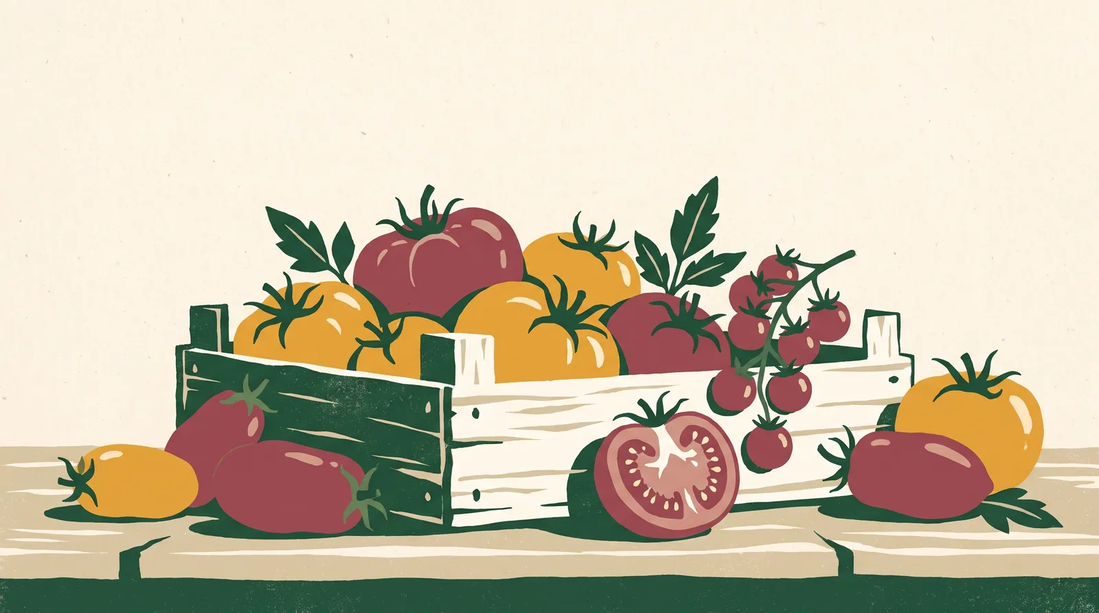 Illustration: a wooden crate of mixed heirloom tomatoes — big slicers, plum tomatoes, and a cherry-tomato vine — with one tomato halved