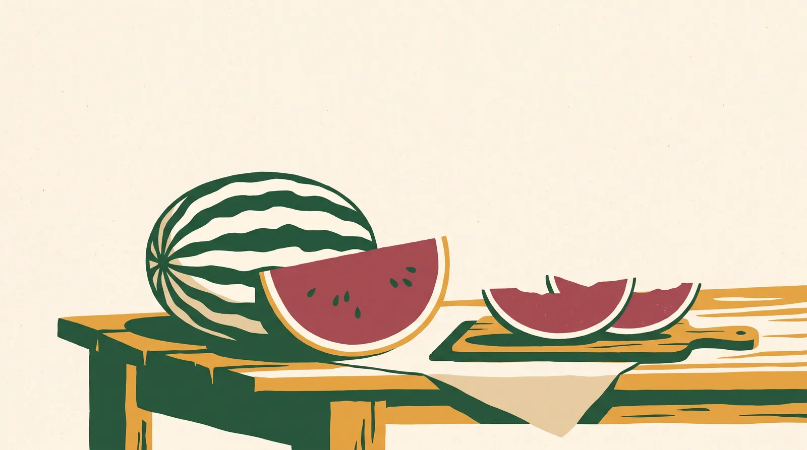 Illustration: a whole striped watermelon beside a large cut wedge showing red flesh and seeds, with slices on a cutting board